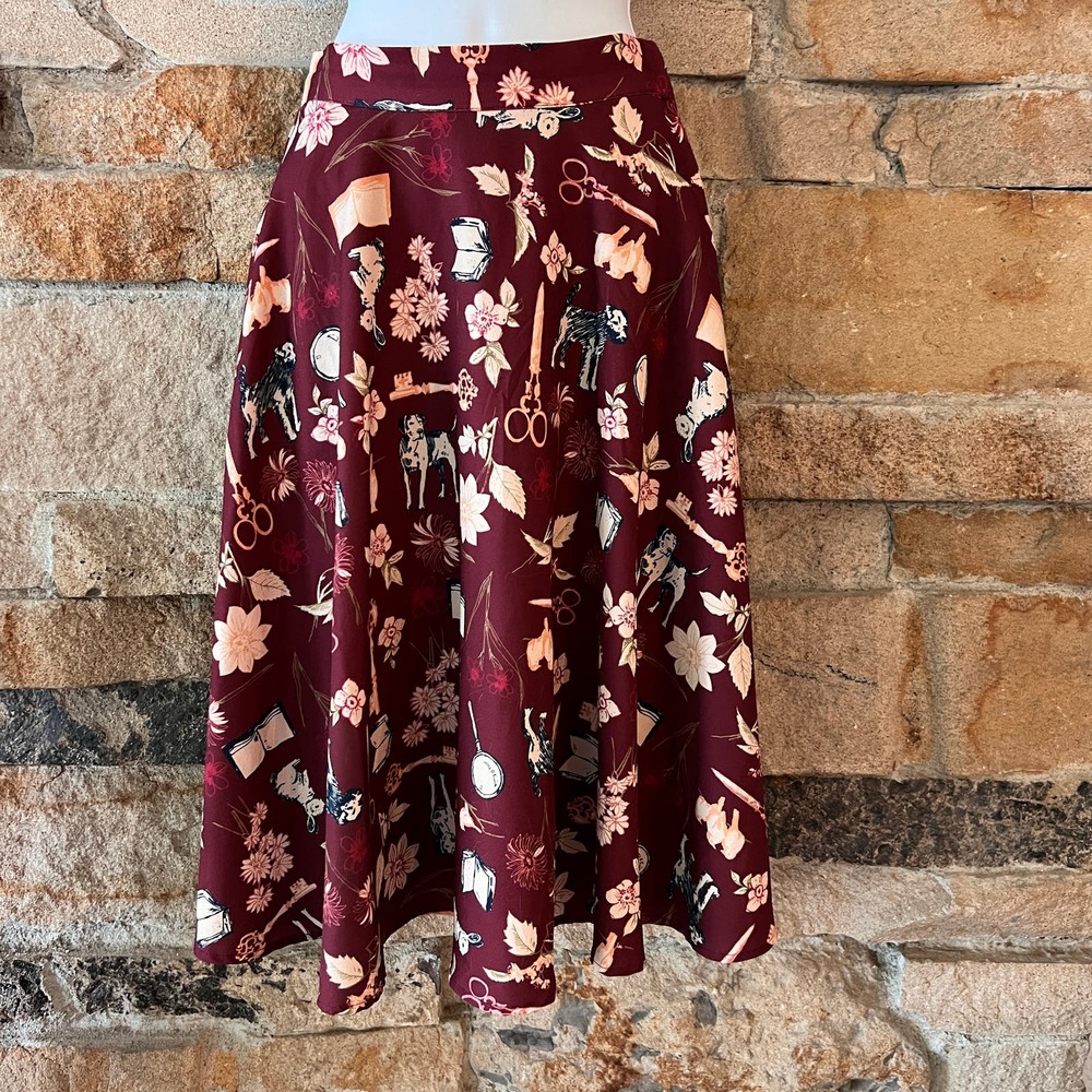 Modcloth Mystery Assistants Burgundy Midi Skirt Animal Dark Academia Sz XS